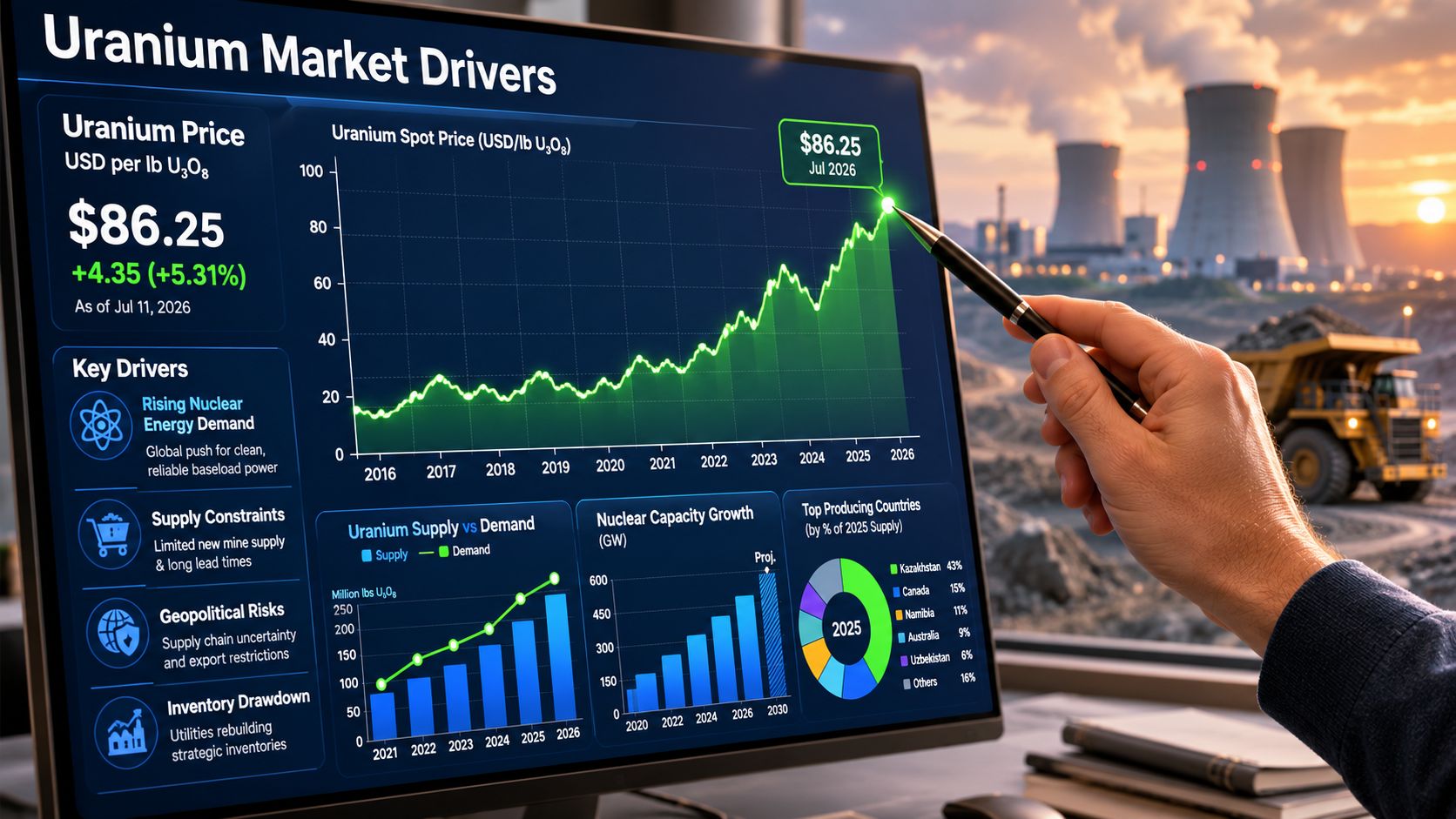 TradeTech Uranium Prices Explained: A 2026 Investor's Guide 2 A hand points to a digital screen showing uranium market trends, supply data, and nuclear production statistics.