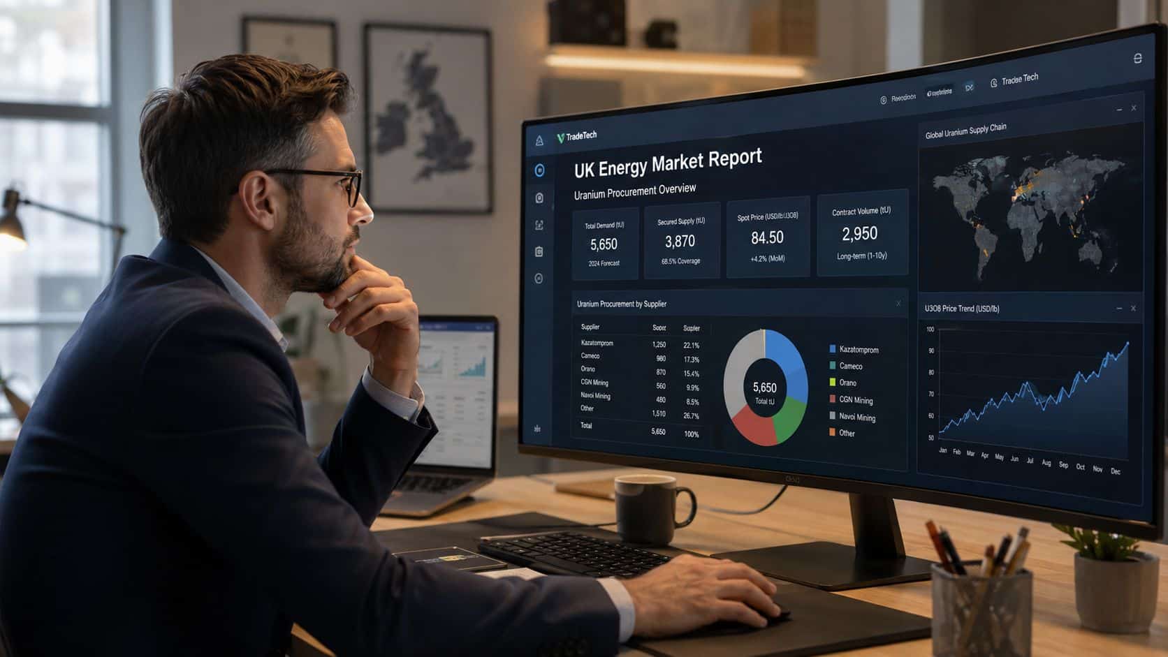 TradeTech Uranium Prices Explained: A 2026 Investor's Guide 3 A professional man in a suit analyzes a complex uranium energy market data dashboard on a large monitor.