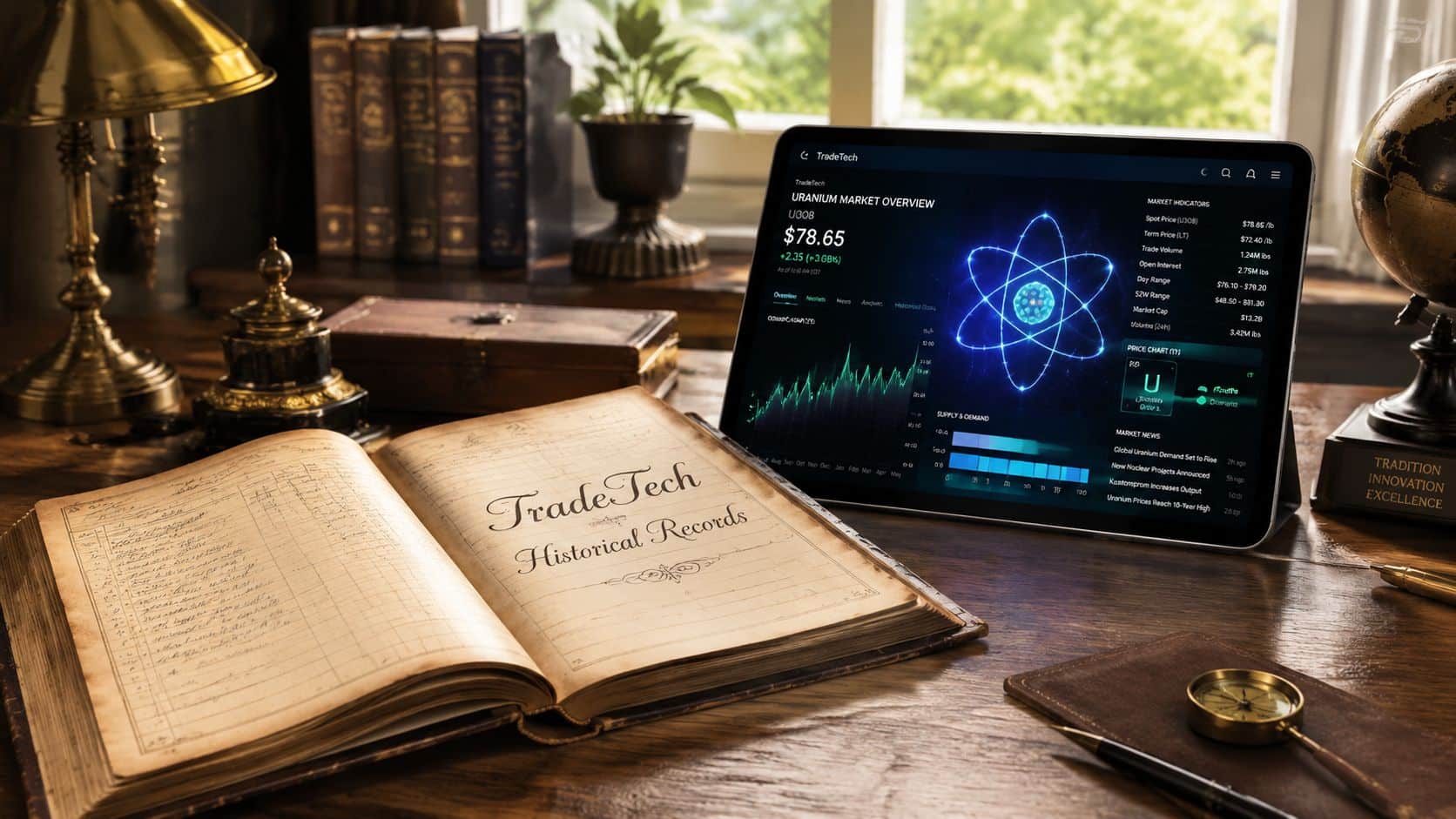 TradeTech Uranium Prices Explained: A 2026 Investor's Guide 1 A tablet displaying live uranium market data sits on a wooden desk next to an old ledger.