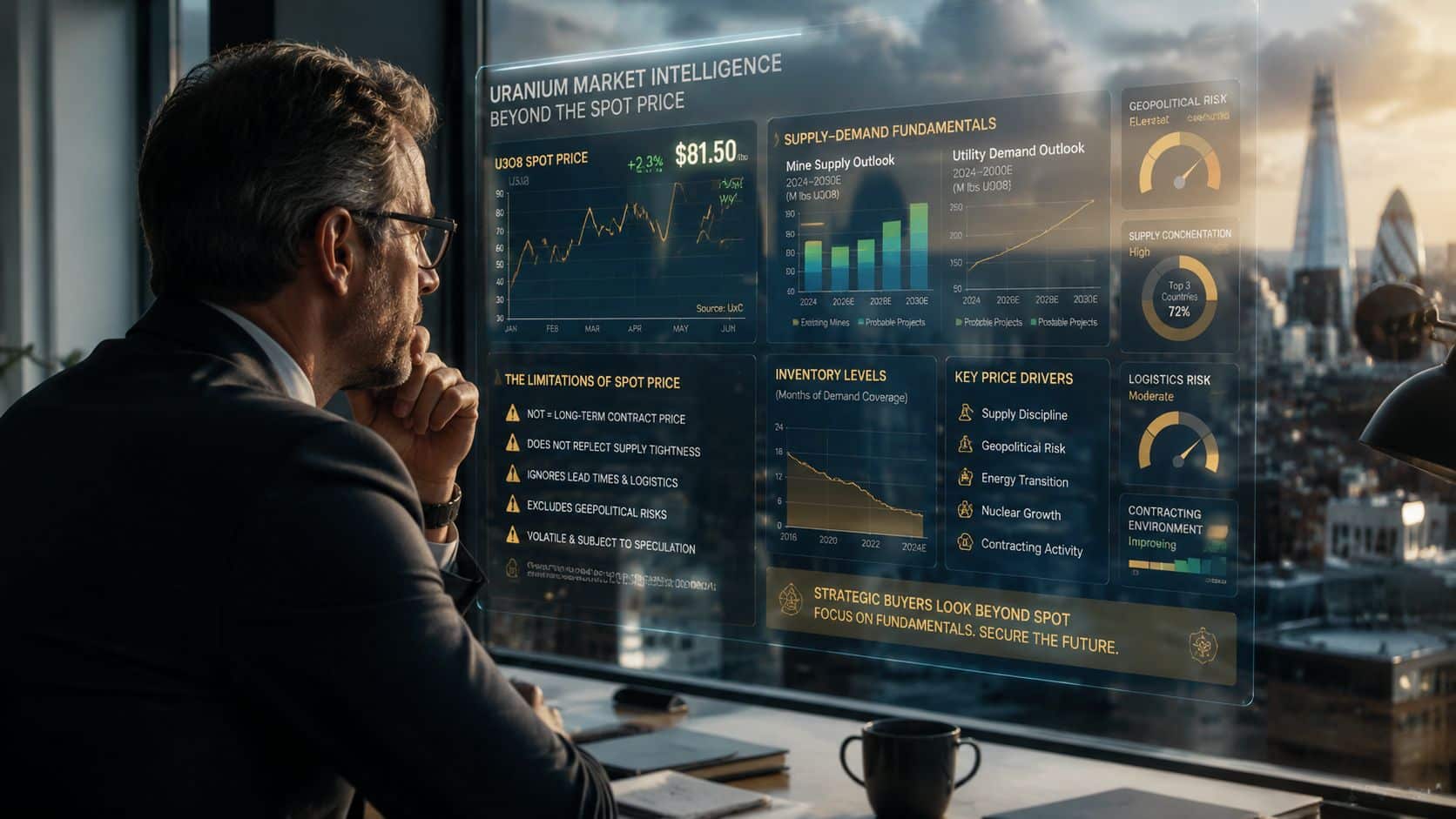 TradeTech Uranium Prices Explained: A 2026 Investor's Guide 4 A professional man overlooking a city skyline while viewing a futuristic holographic uranium market intelligence dashboard.