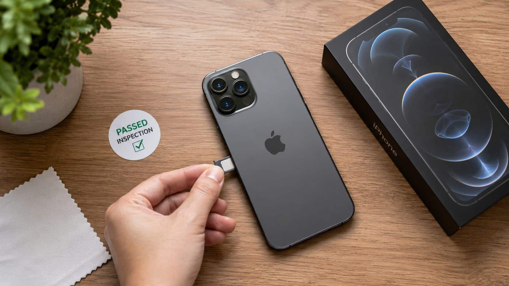 What Is an Unlocked Phone: A Practical UK Guide 2 A hand inserting a SIM card into a grey iPhone next to an inspection sticker and box.