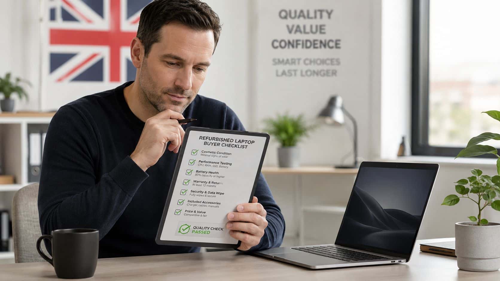 What Is Refurbished Laptops: A UK Buyer's Guide 2026 3 A man holding a refurbished laptop buyer checklist document while sitting at a desk with a laptop.