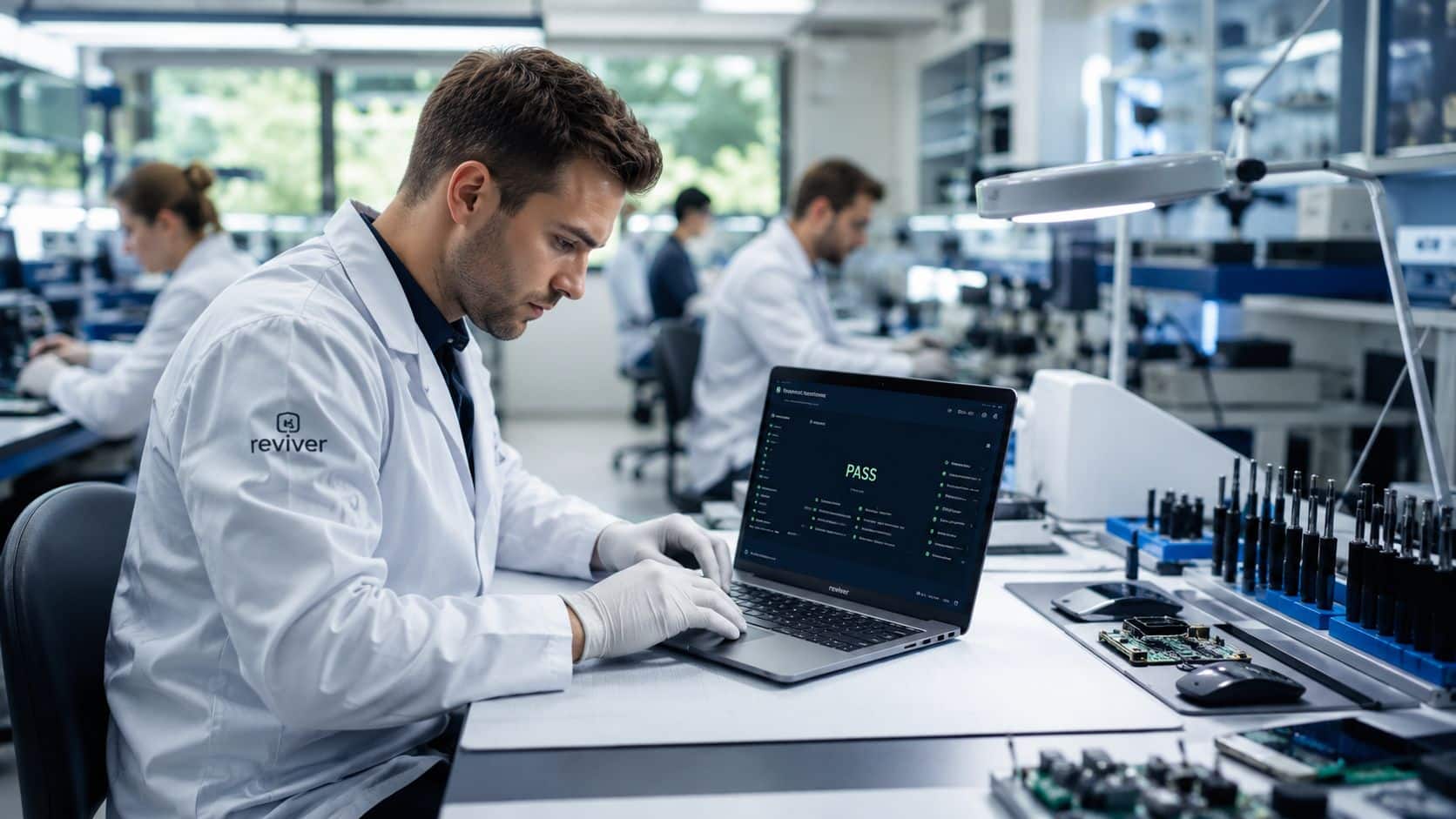 What Is Refurbished Laptops: A UK Buyer's Guide 2026 2 A lab technician wearing gloves works on a laptop showing a pass status in a modern facility.