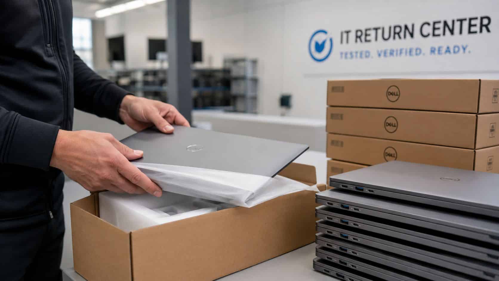What Is Refurbished Laptops: A UK Buyer's Guide 2026 1 A person carefully places a refurbished grey Dell laptop into a protective cardboard shipping box.
