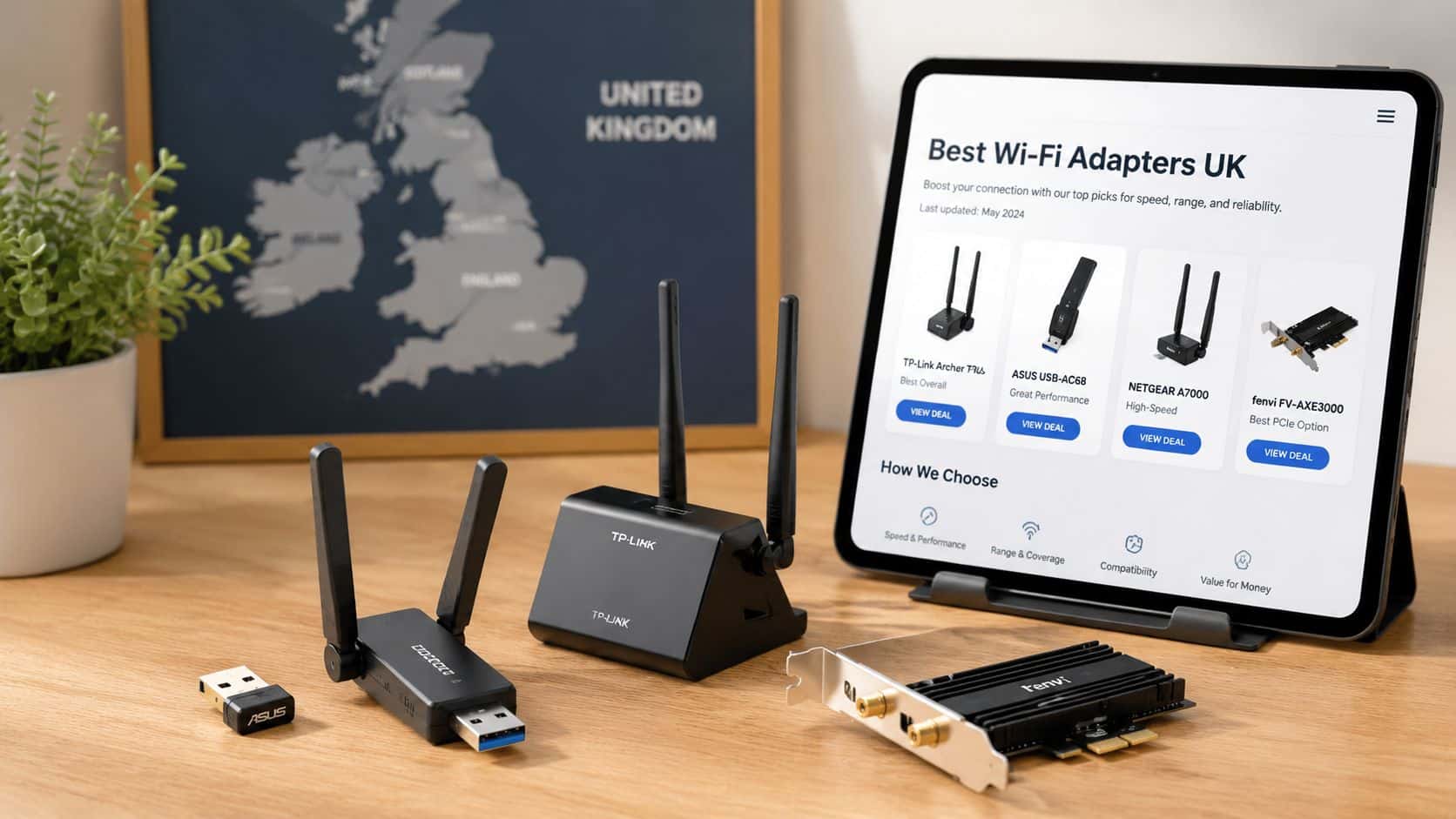 Wireless Ethernet Adapter: Your UK Guide for 2026 4 Various wireless ethernet adapters displayed on a desk next to a tablet showing a product list.