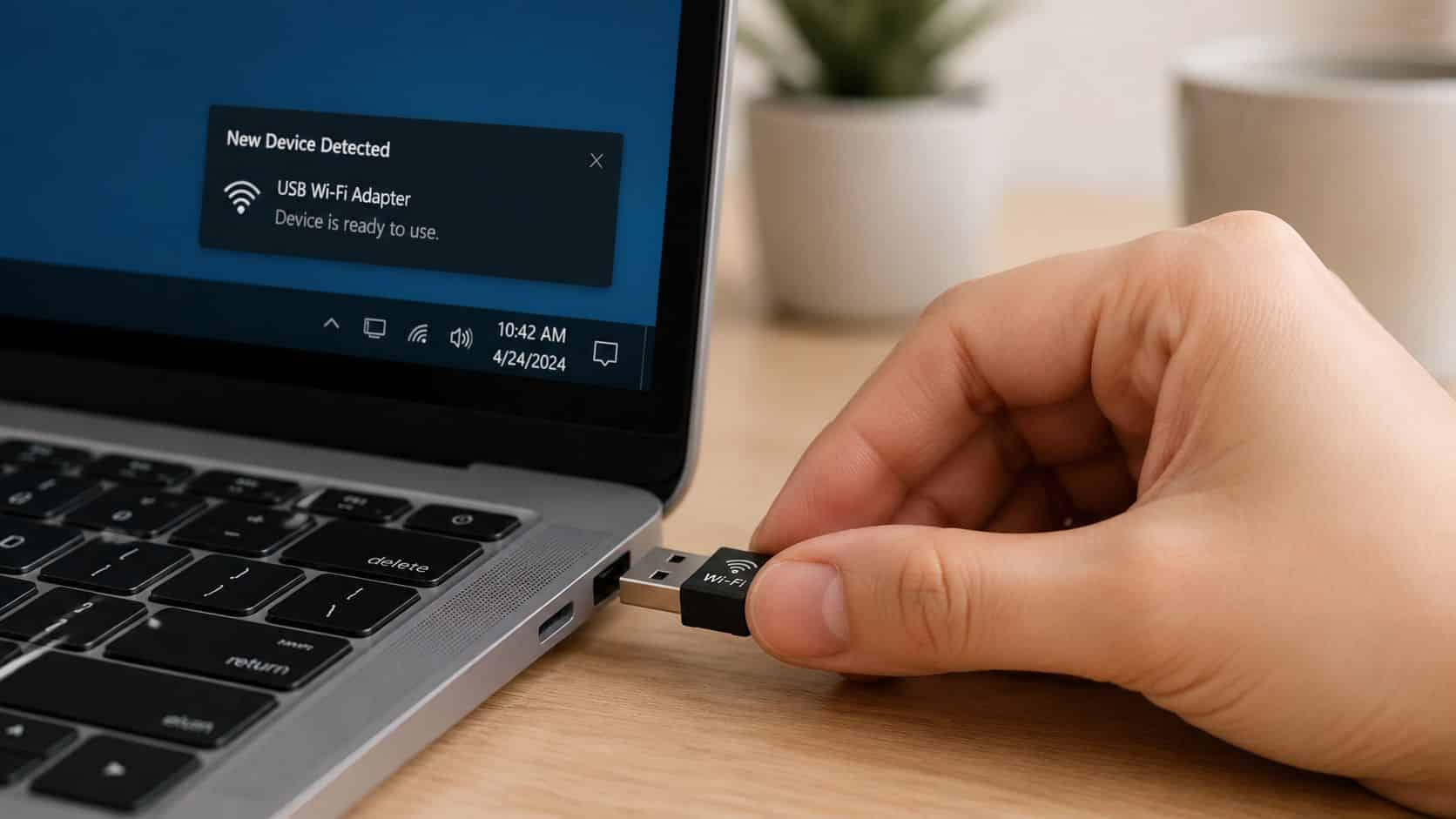 Wireless Ethernet Adapter: Your UK Guide for 2026 3 A hand plugging a USB Wi-Fi adapter into the port of a silver laptop computer.