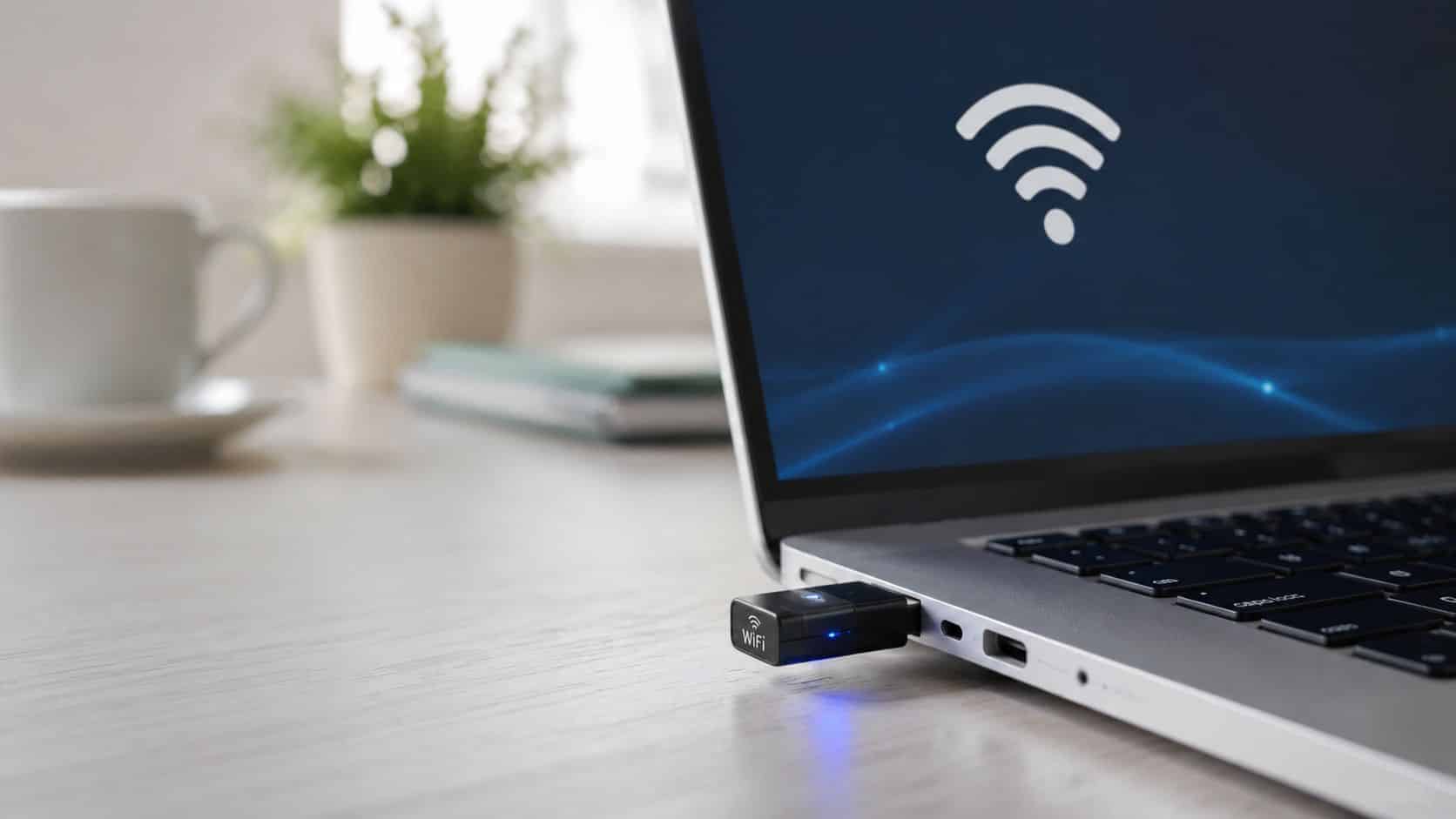 Wireless Ethernet Adapter: Your UK Guide for 2026 1 A small wireless Wi-Fi adapter plugged into the USB port of a silver laptop on a desk.