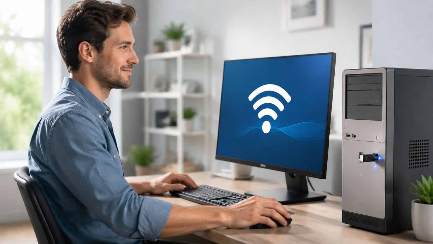 Wireless Ethernet Adapter: Your UK Guide for 2026 2 A man sits at a desk using a computer with a large Wi-Fi icon on the display.