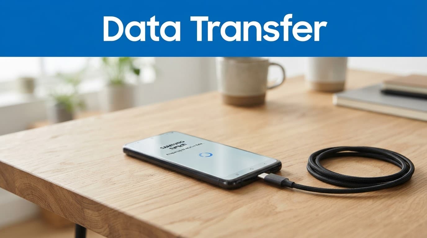 Transfer Data Samsung Galaxy to a Refurbished Phone Safely 1 A refurbished Galaxy phone and USB-C cable sit on a wooden desk.