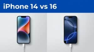 Two iPhones stand beside Lightning and USB-C cables under a blue comparison banner.