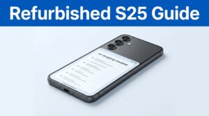 Graphite Samsung Galaxy S25 shown beside a blue guide banner.