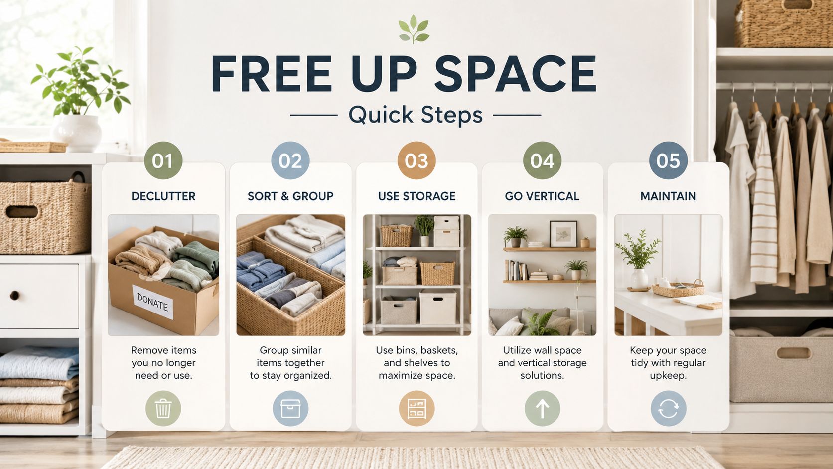 How to Get More Storage on Phones, Tablets and Laptops 2 A five-step guide on how to free up space, featuring organized shelves, donation boxes, and storage tips.