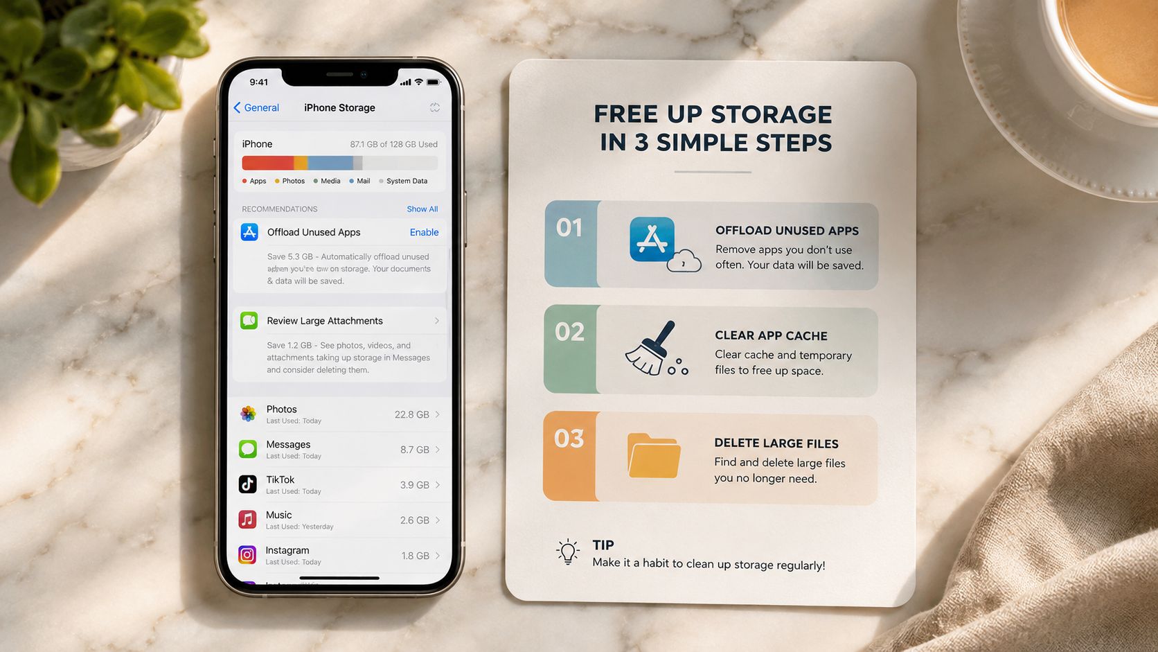 How to Get More Storage on Phones, Tablets and Laptops 1 An iPhone displaying storage settings next to a card illustrating three simple steps to free up storage.