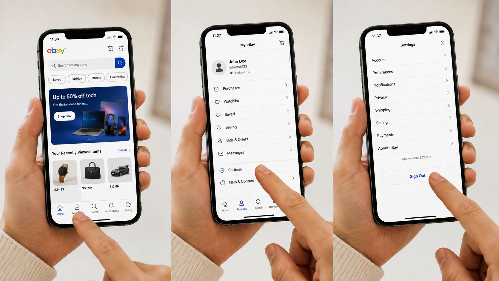 How to Logout of eBay on Any Device 2 A person navigating through the eBay mobile app interface to reach the account sign out button.