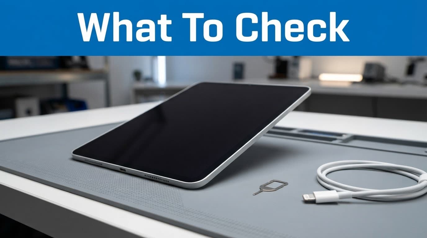 Refurbished iPad Wi-Fi vs Cellular: Which UK Buyers Need? 2 A refurbished iPad beside a SIM tool and charging cable on a testing bench.