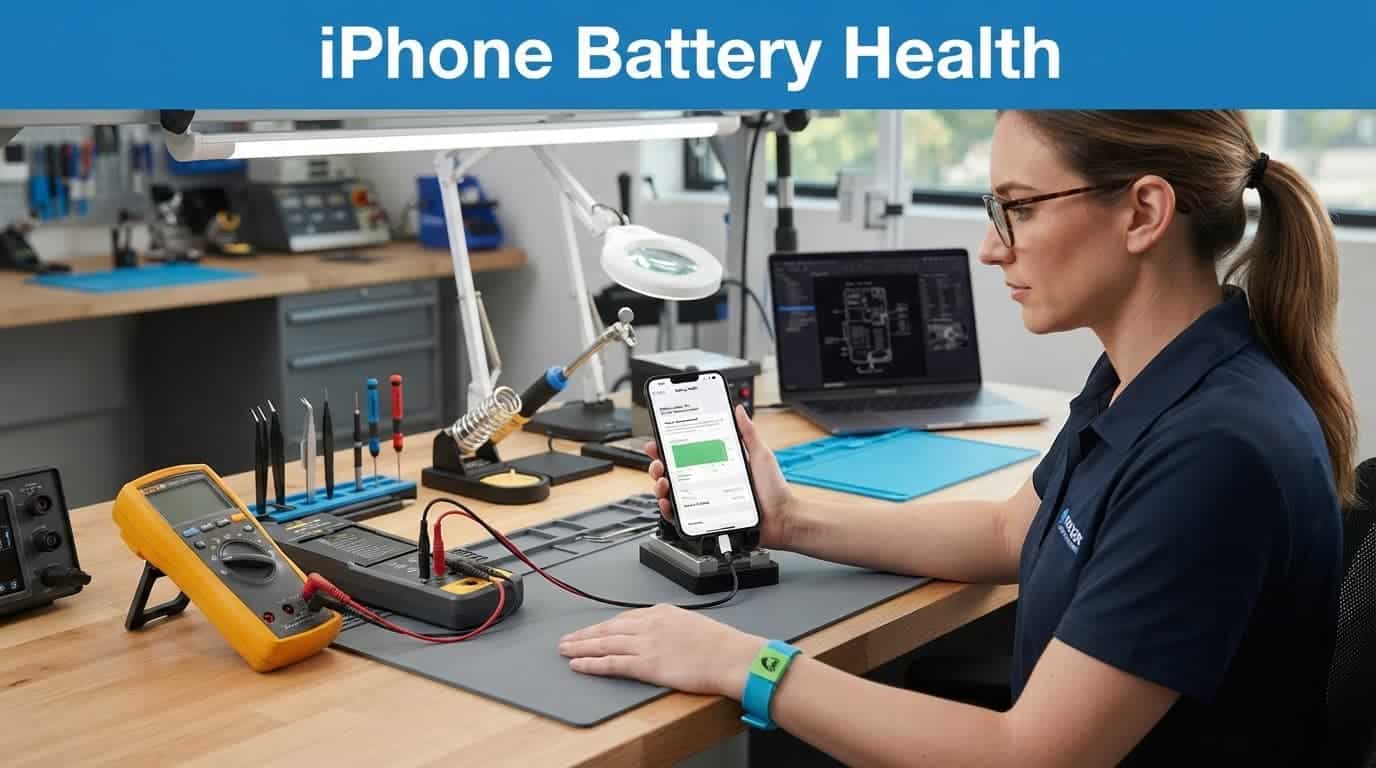 iPhone 16e vs iPhone 14: Best UK Value in 2026 2 Technician testing a refurbished iPhone beside battery diagnostic equipment.