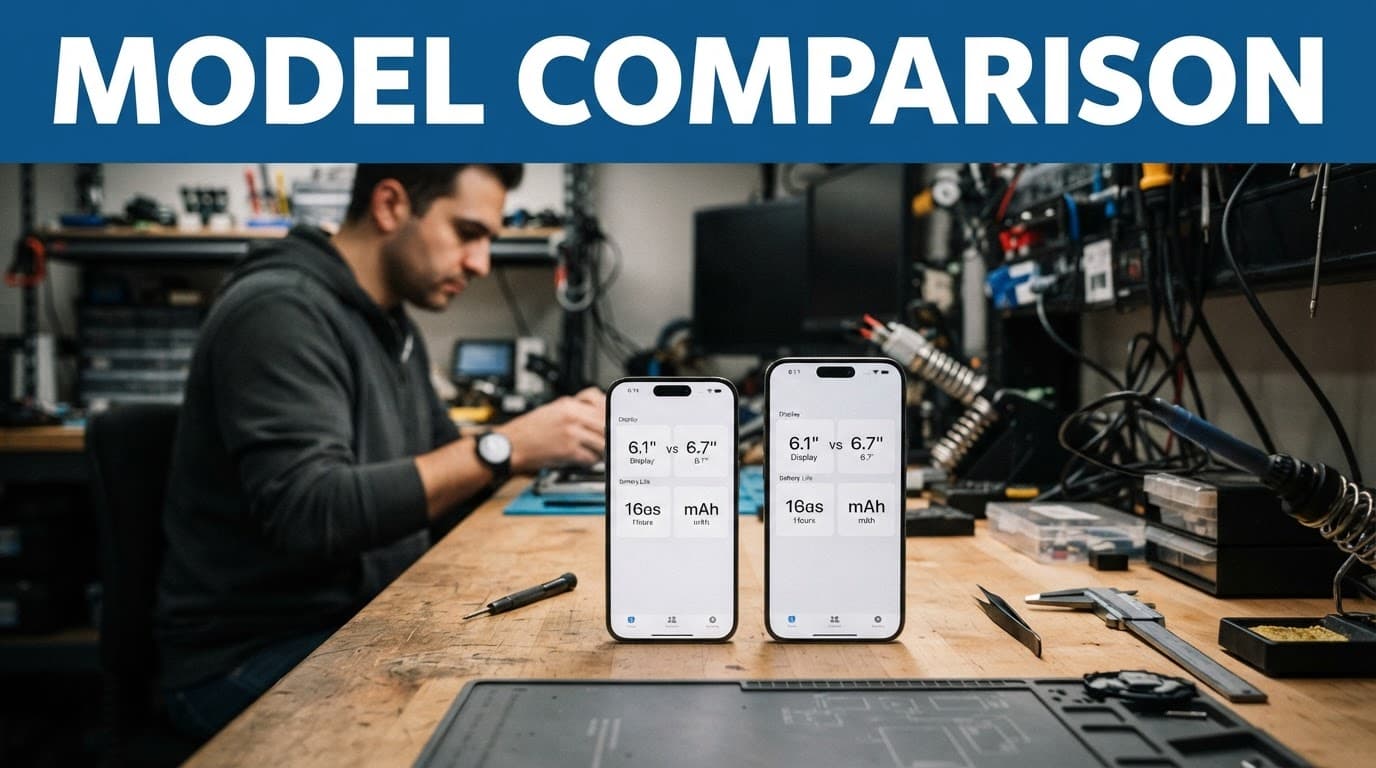 Refurbished iPhone 16 vs iPhone 16 Plus: UK Value 2026 1 Two Apple smartphones on a wooden workbench with a blue comparison header.