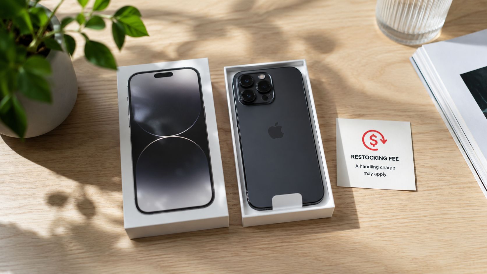 Money Back Guarantee: What It Means in the UK 3 A new iPhone inside its retail packaging resting on a wooden table next to a restocking fee sign.