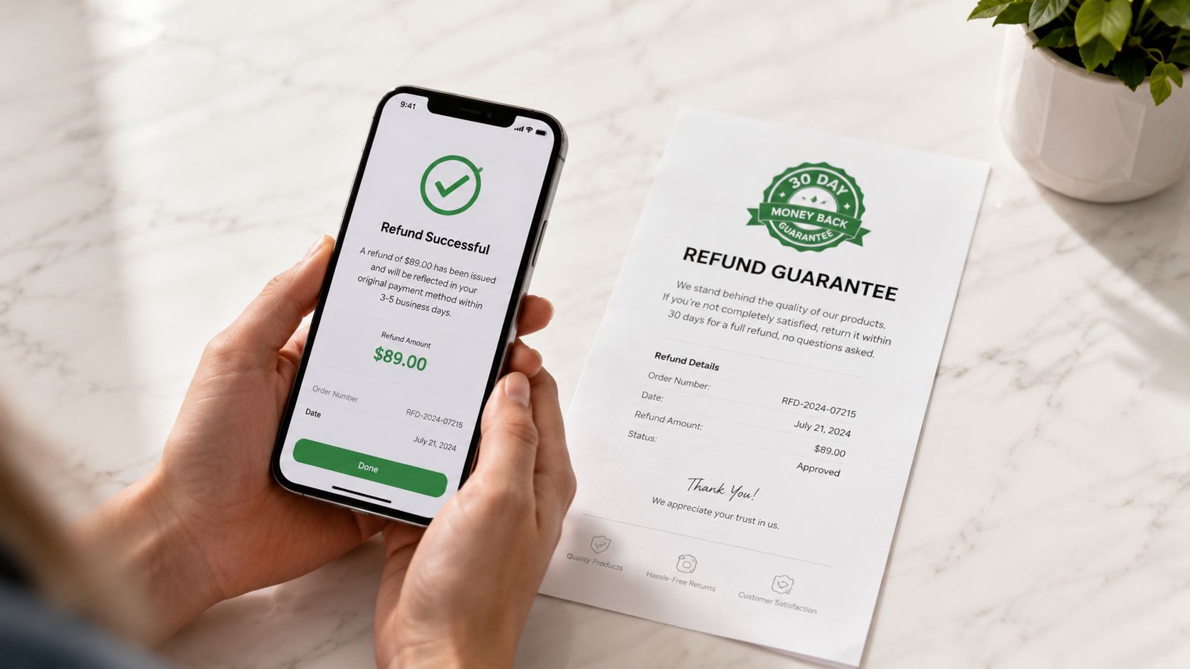 Money Back Guarantee: What It Means in the UK 1 A person holding a smartphone showing a successful refund confirmation next to a printed guarantee document.