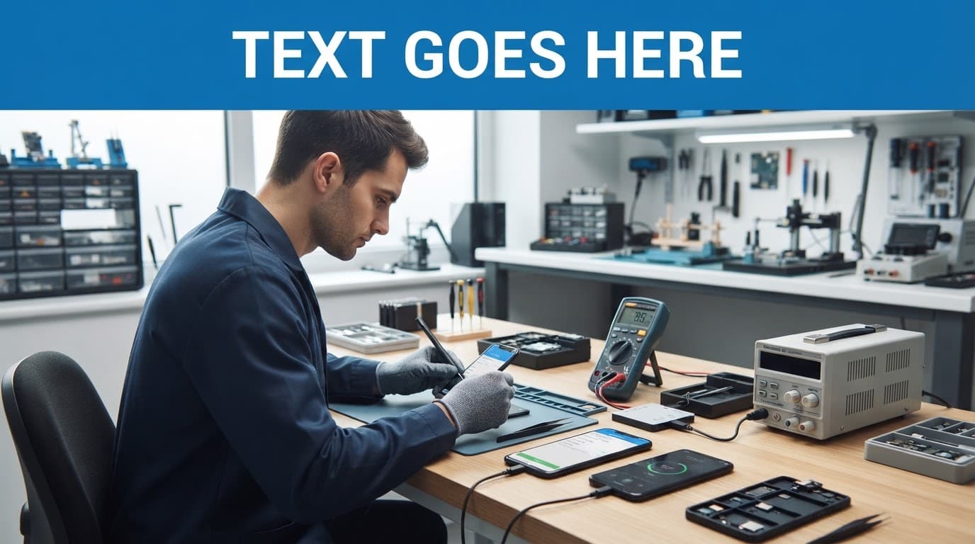 Refurbished Pixel 9 vs Pixel 8: UK Value in 2026 1 A technician tests smartphones at a repair workbench beneath a blue headline band.