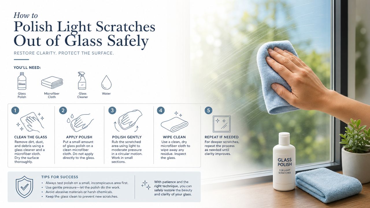 Polishing Scratches Out of Glass: A Practical Repair Guide 2 An instructional guide illustrating five steps to safely polish light scratches out of a glass window.
