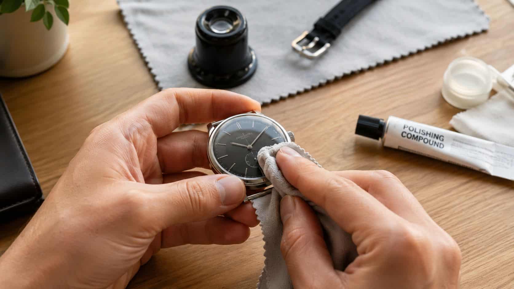 Polishing Scratches Out of Glass: A Practical Repair Guide 1 A close-up shot of a person using a microfiber cloth to clean a watch face on a desk.