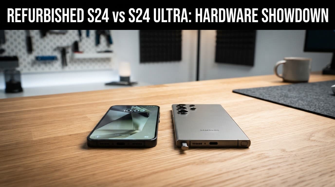 Refurbished Galaxy S24 vs S24 Ultra: UK Value 2026 1 The standard S24 and Ultra sit side by side on a wooden desk.
