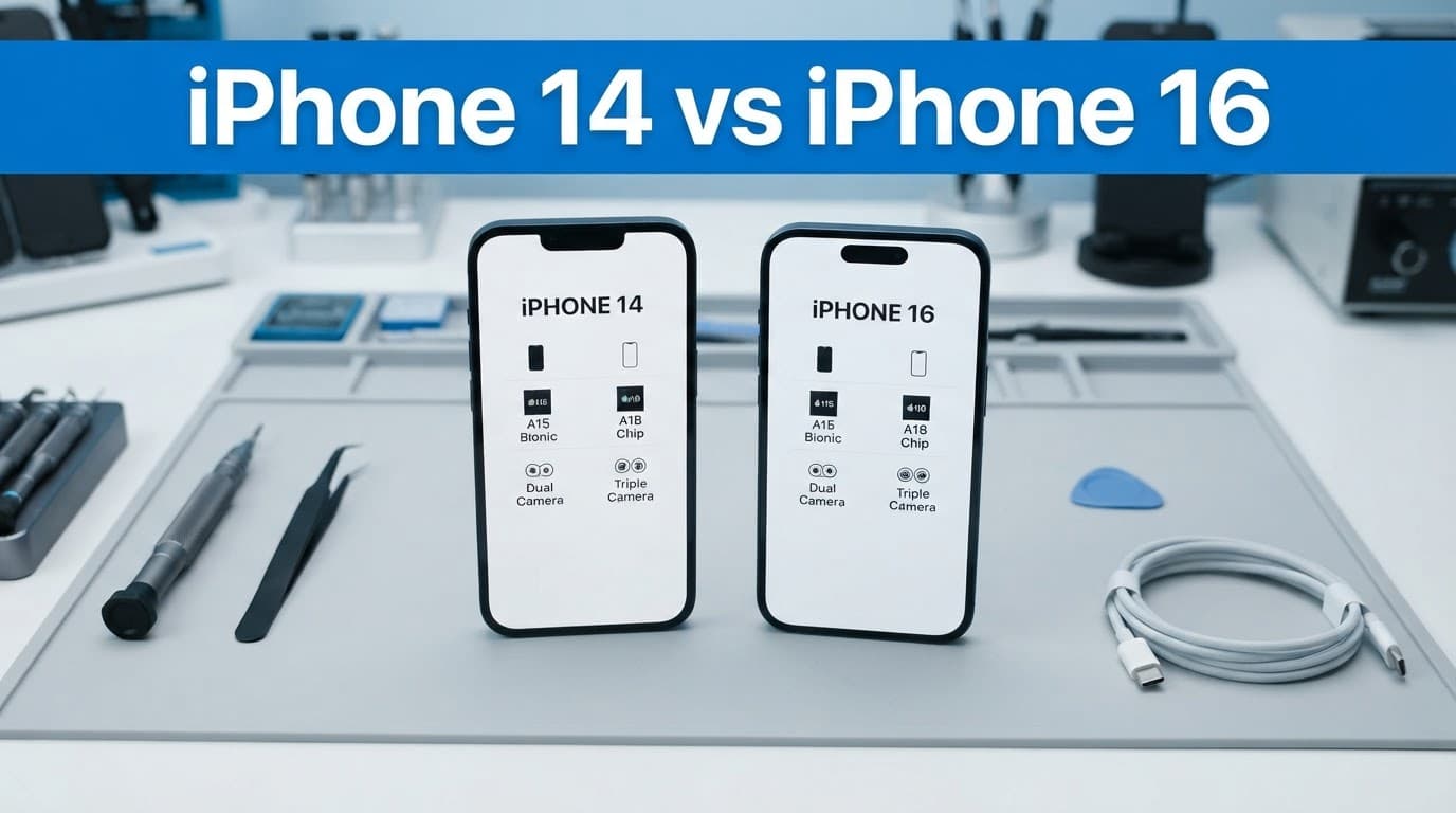 Refurbished iPhone 14 vs iPhone 16: UK Value 1 Two refurbished iPhones sit beside repair tools on a clean workbench.