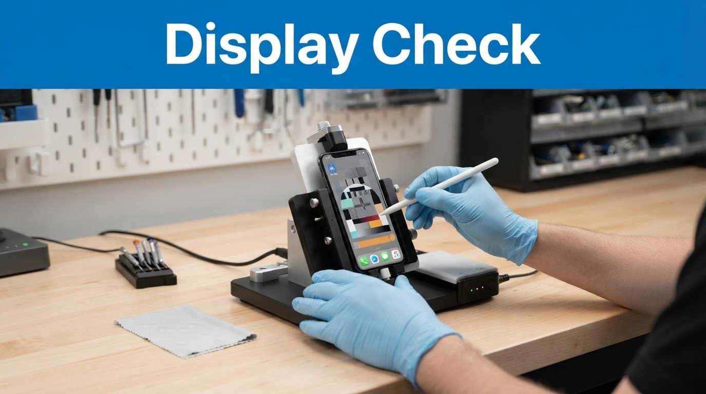 Test True Tone on a Refurbished iPhone Before Buying 1 A phone in a display testing rig on a clean workbench.