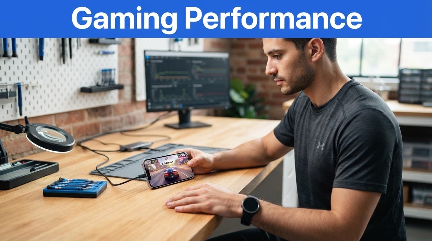 Best Refurbished Gaming Phones Under £400 in the UK 1 Technician testing a refurbished iPhone on a wooden workbench.