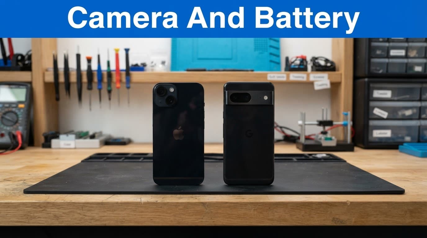 Refurbished iPhone 13 vs Pixel 8a: Camera and Battery 1 Refurbished iPhone 13 and Pixel 8a side by side on a tidy repair workbench.