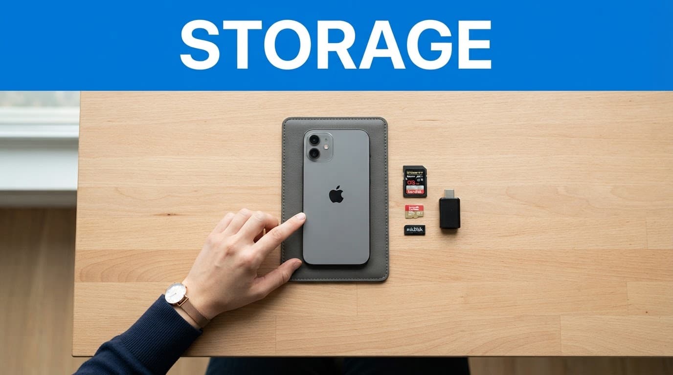Refurbished iPhone beside memory cards on a wooden desk with a blue STORAGE banner.