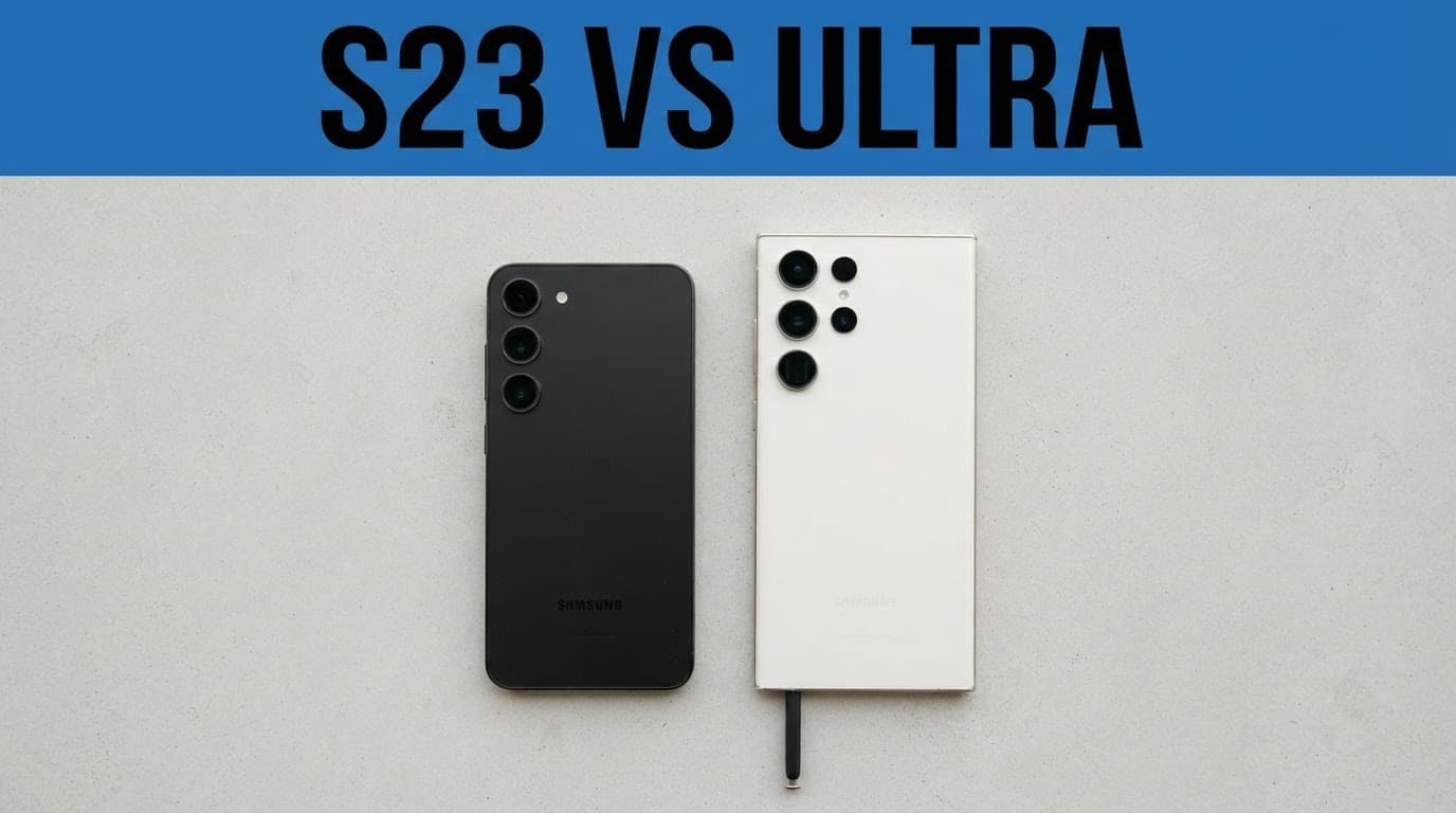 Refurbished Galaxy S23 vs S23 Ultra: UK Value in 2026 1 A modern smartphone sits beneath a blue band labeled S23 VS ULTRA.