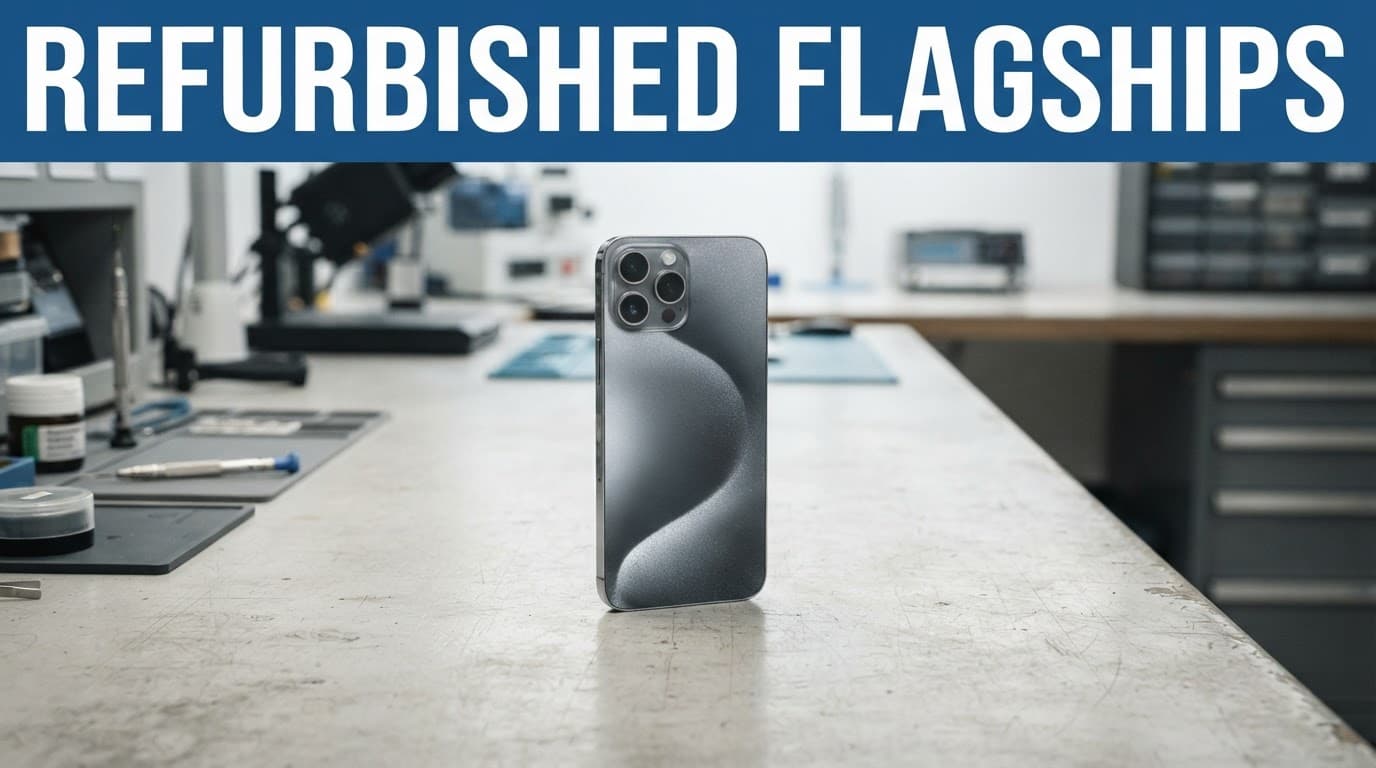 Refurbished iPhone 15 vs Samsung Galaxy S24: UK Value 1 A refurbished phone sits on a workshop bench beneath a blue headline banner.