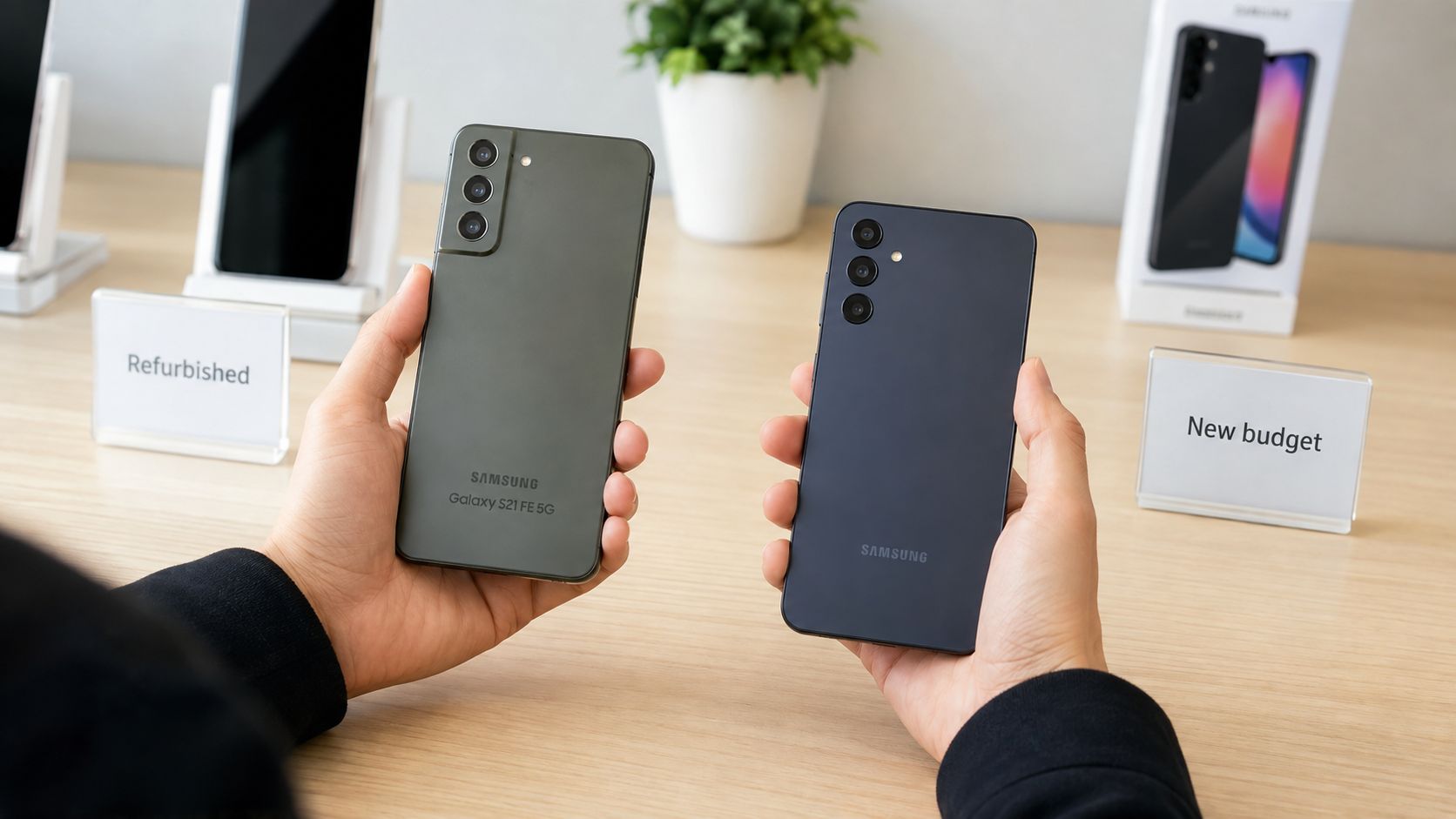 Samsung Galaxy S21 FE 5G: Refurb Buying Guide 1 A person holding a green Samsung Galaxy S21 FE 5G and a black smartphone in a store.
