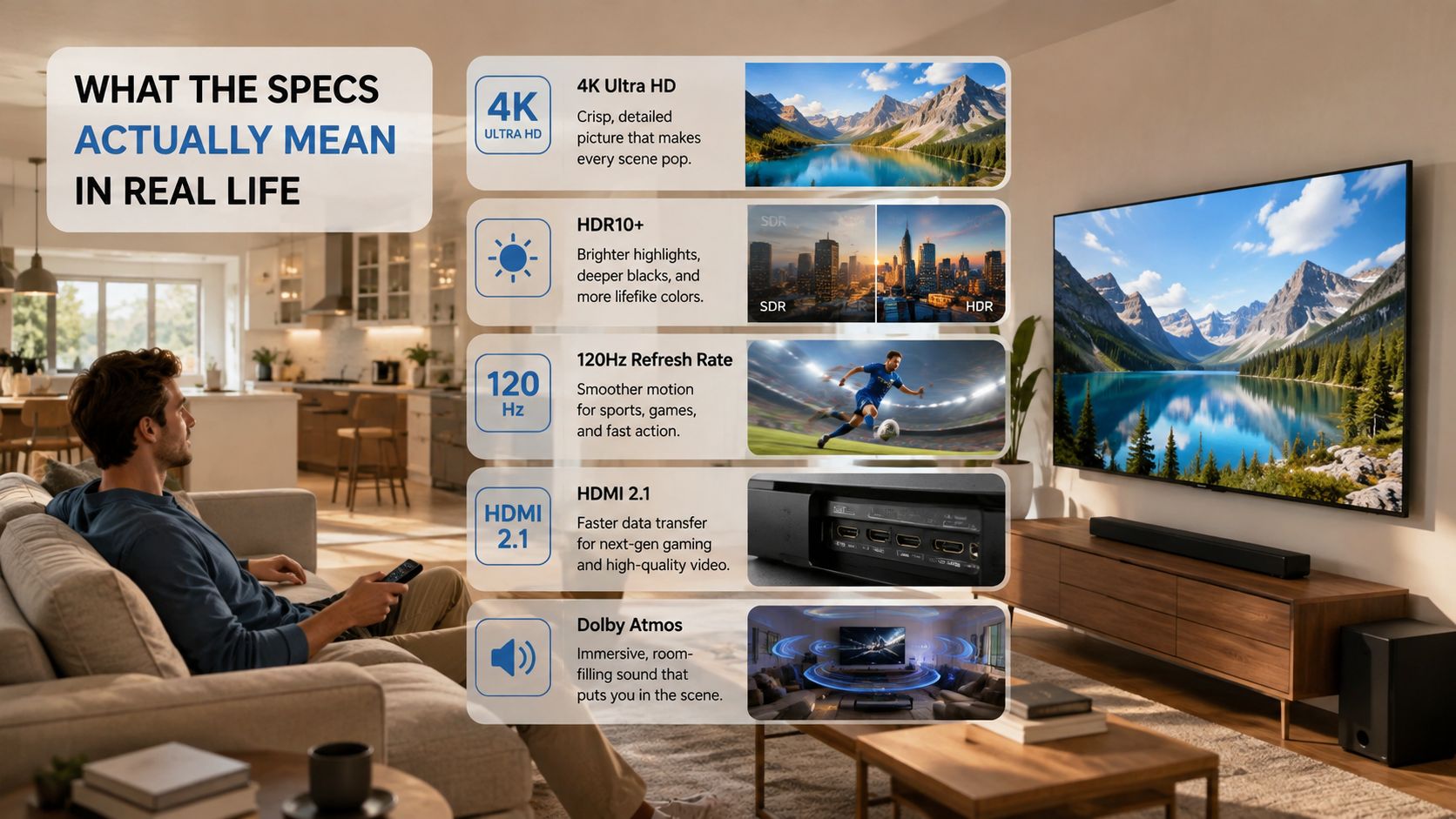 Samsung Galaxy S8 Plus Refurbished: UK Buyer's Guide 2026 1 A person sitting on a couch viewing a graphic explaining television display and audio specifications in a living room.