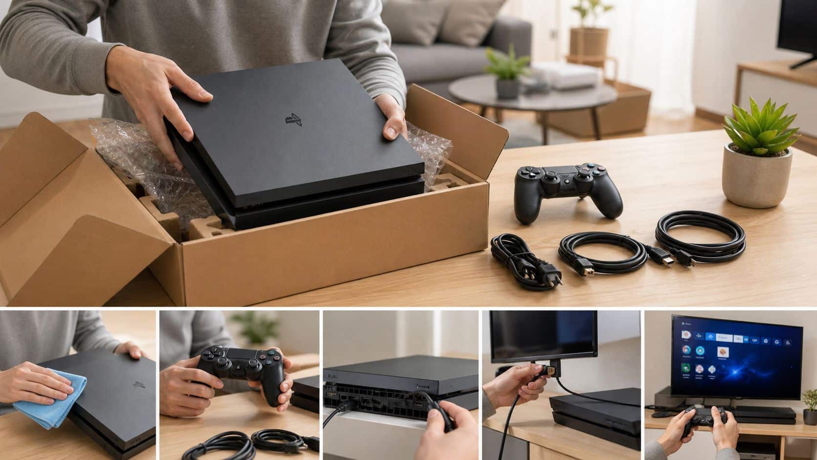 How to Buy a Second Hand PlayStation 4 in the UK 1 A person unboxing, setting up, and cleaning a black PlayStation 4 gaming console for home use.