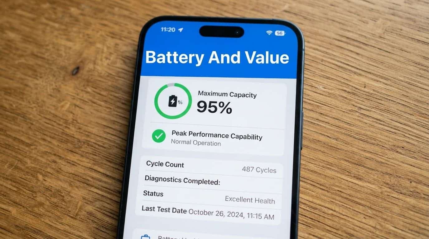 Refurbished iPhone 14 vs iPhone 16: UK Value 2 Smartphone showing battery diagnostics on a wooden desk with a blue headline band.