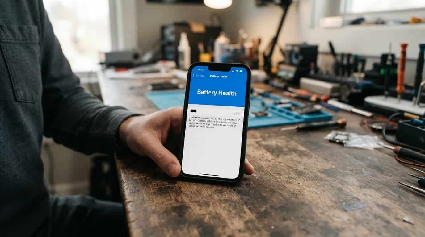 Refurbished Samsung Galaxy S25 Buyer's Guide UK 2026 3 A hand inspects a smartphone showing battery health on a workshop bench.