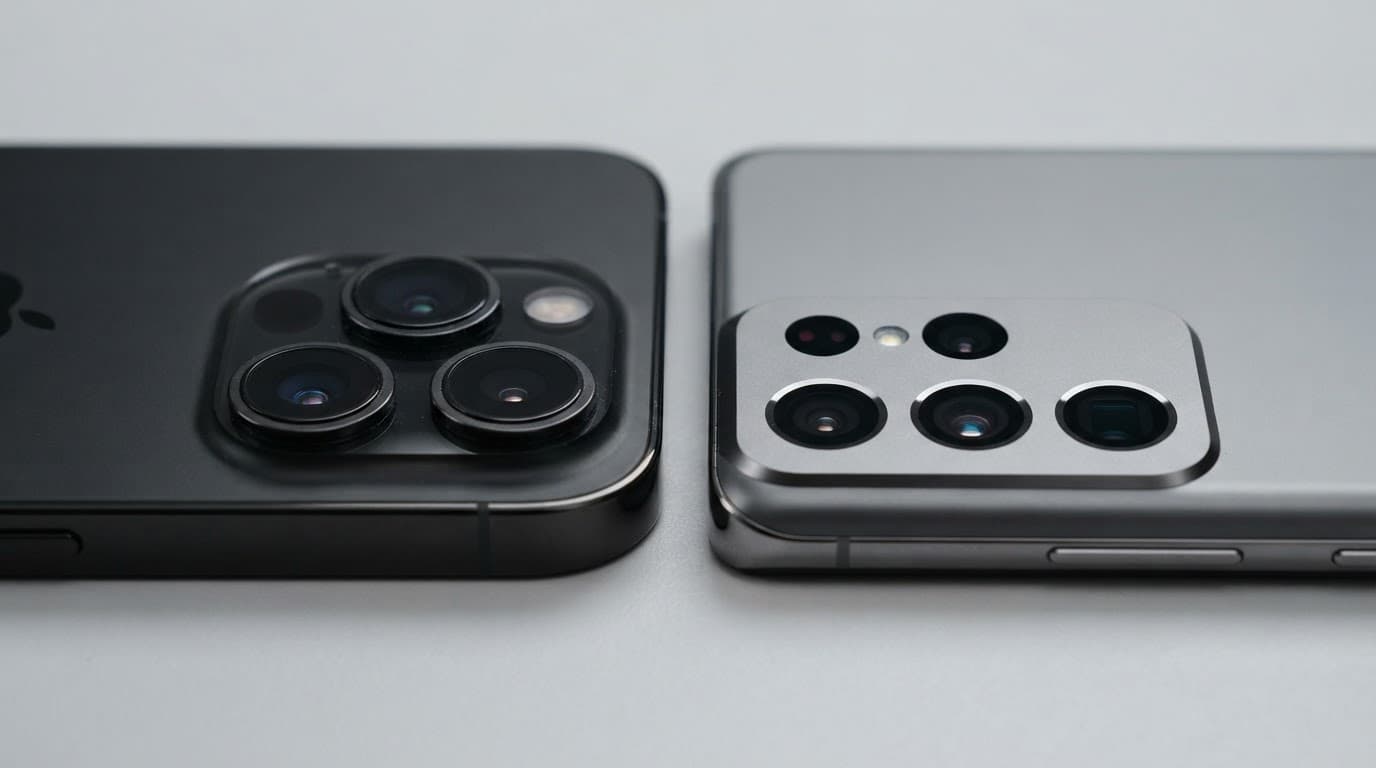 iPhone 15 Pro vs Pixel 8 Pro Camera: Refurbished Guide 1 Two smartphones showing their triple-lens rear cameras on a grey desk.