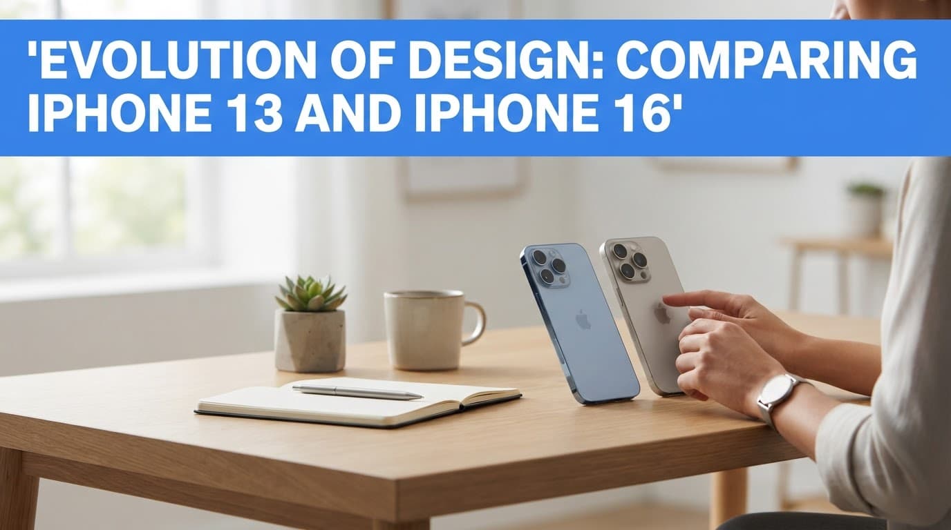 A modern smartphone sits on a minimalist desk beneath a blue headline banner.