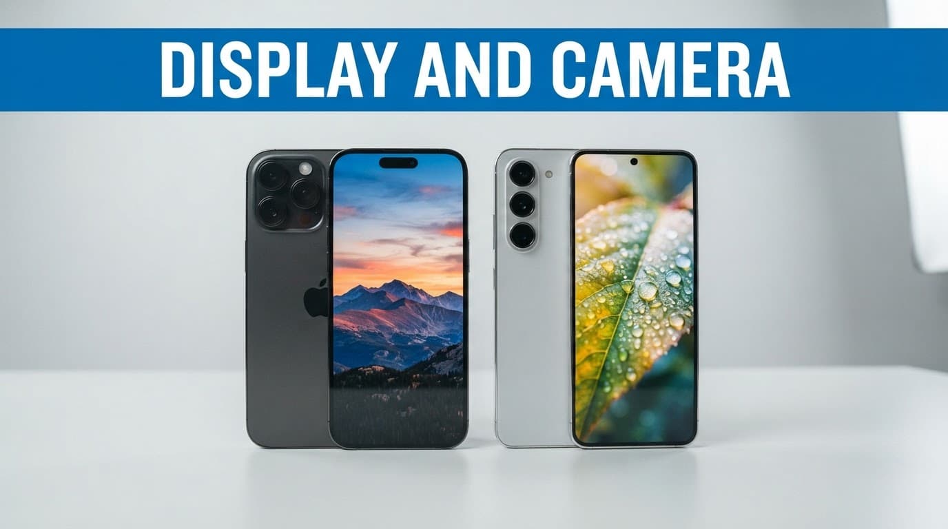 Refurbished iPhone 15 vs Samsung Galaxy S24: UK Value 2 Two smartphones sit side by side beneath a blue Display And Camera headline band.