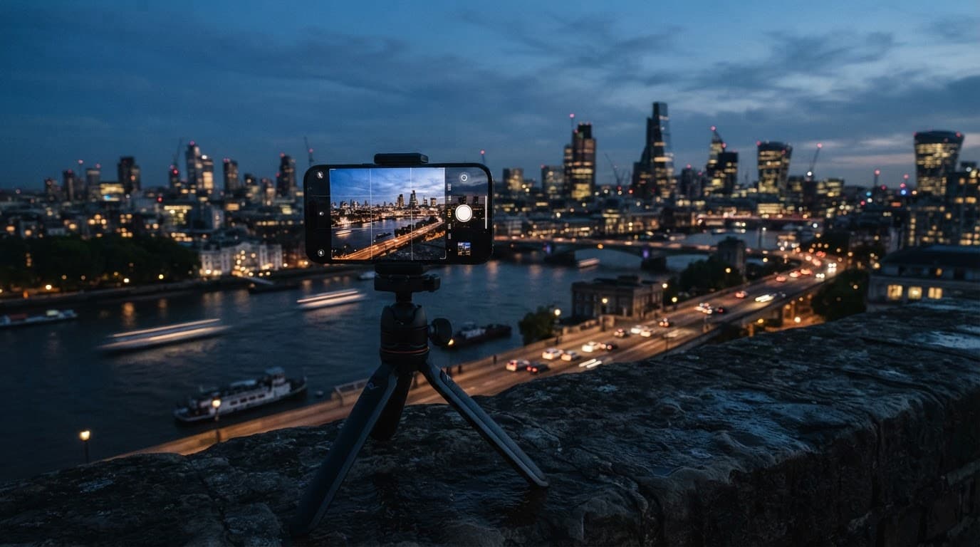 iPhone 15 Pro vs Pixel 8 Pro Camera: Refurbished Guide 2 A smartphone on a tripod photographs a city skyline at dusk.