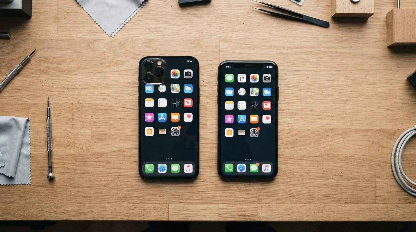 iPhone 16e vs iPhone 14: Best UK Value in 2026 1 Two smartphones displayed side by side on a clean workbench.