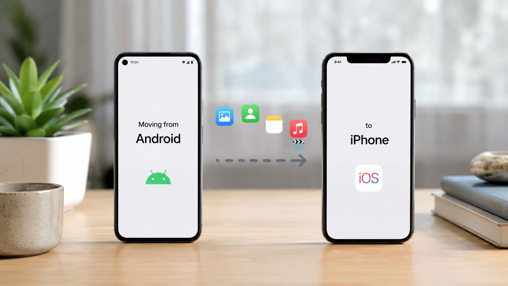 How to Transfer Data to New iPhone in 2026 2 Two smartphones on a wooden table illustrating the process of migrating data from an Android to an iPhone.