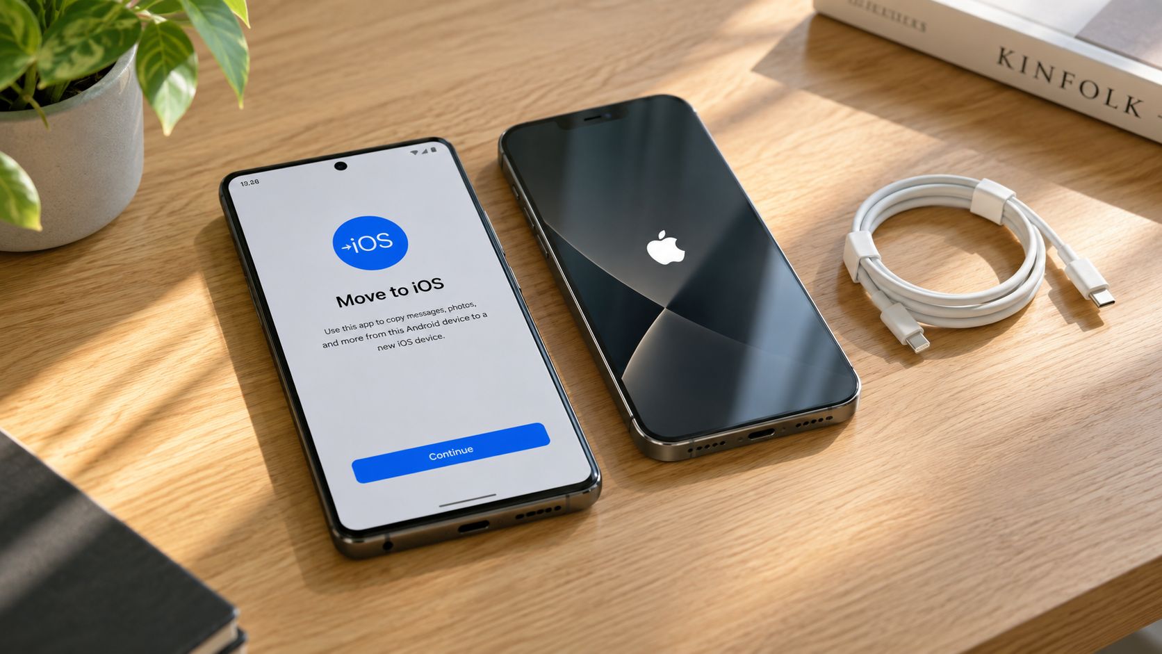 How to Transfer Data to New iPhone in 2026 1 An Android phone displaying the Move to iOS app next to an iPhone and charging cable.