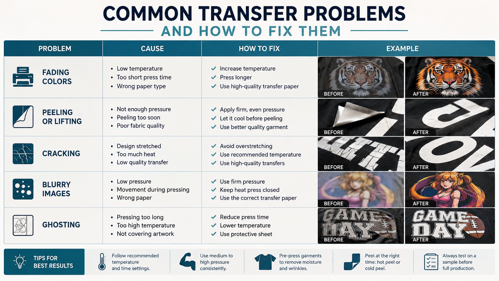 How to Transfer Data to New iPhone in 2026 3 A chart showing common heat transfer printing problems, their causes, suggested fixes, and before-and-after visual examples.